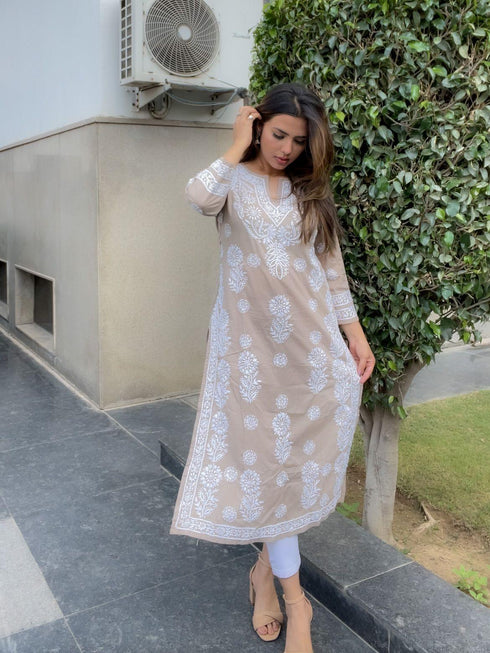 Aanchal in HOK Chikankari Long Kurti for Women Beige & White-2